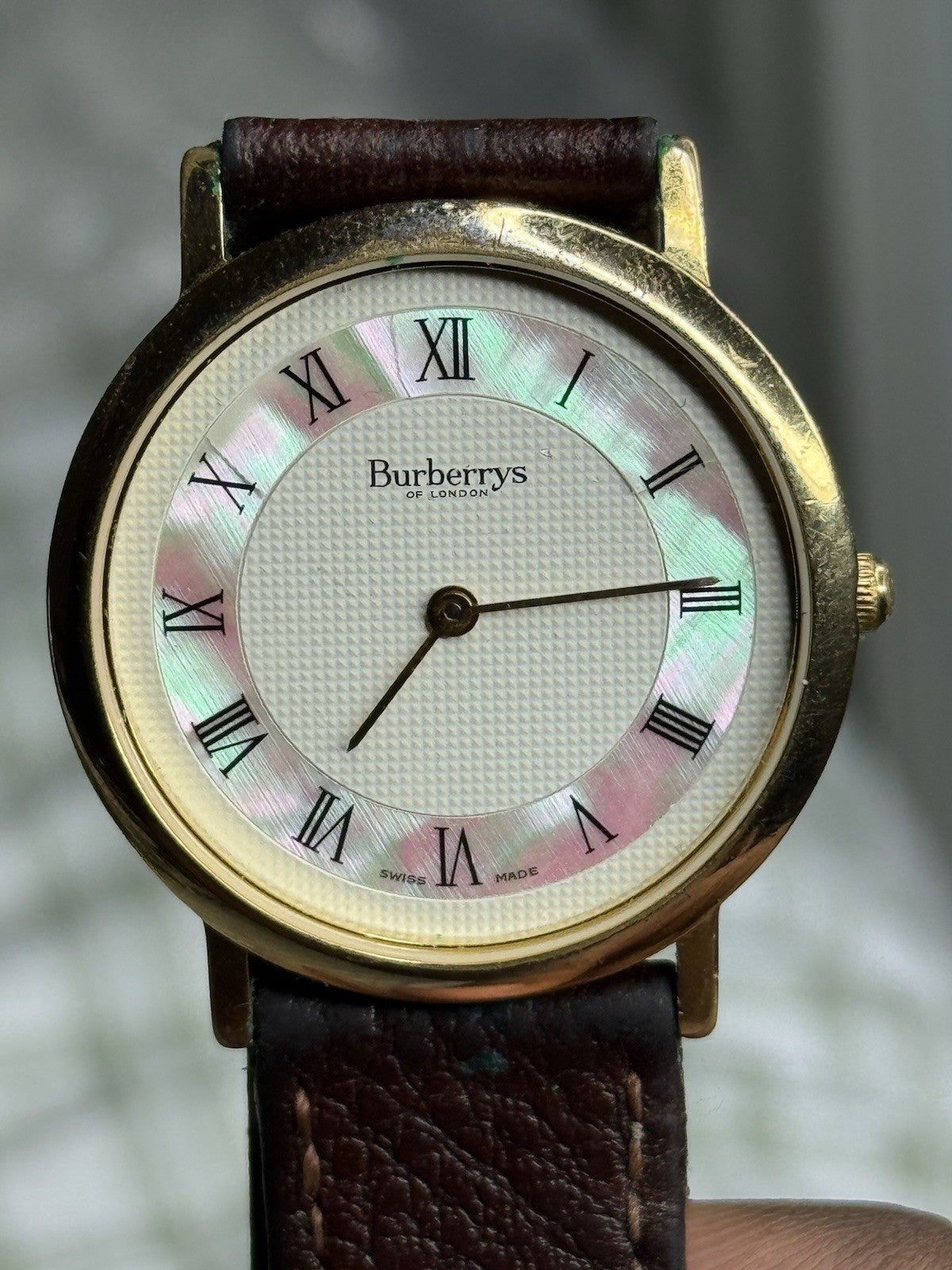 BURBERRYS 1980s 6000G Swiss Made GoldPlated Mother of Pearl Dial 34mm Mens Watch