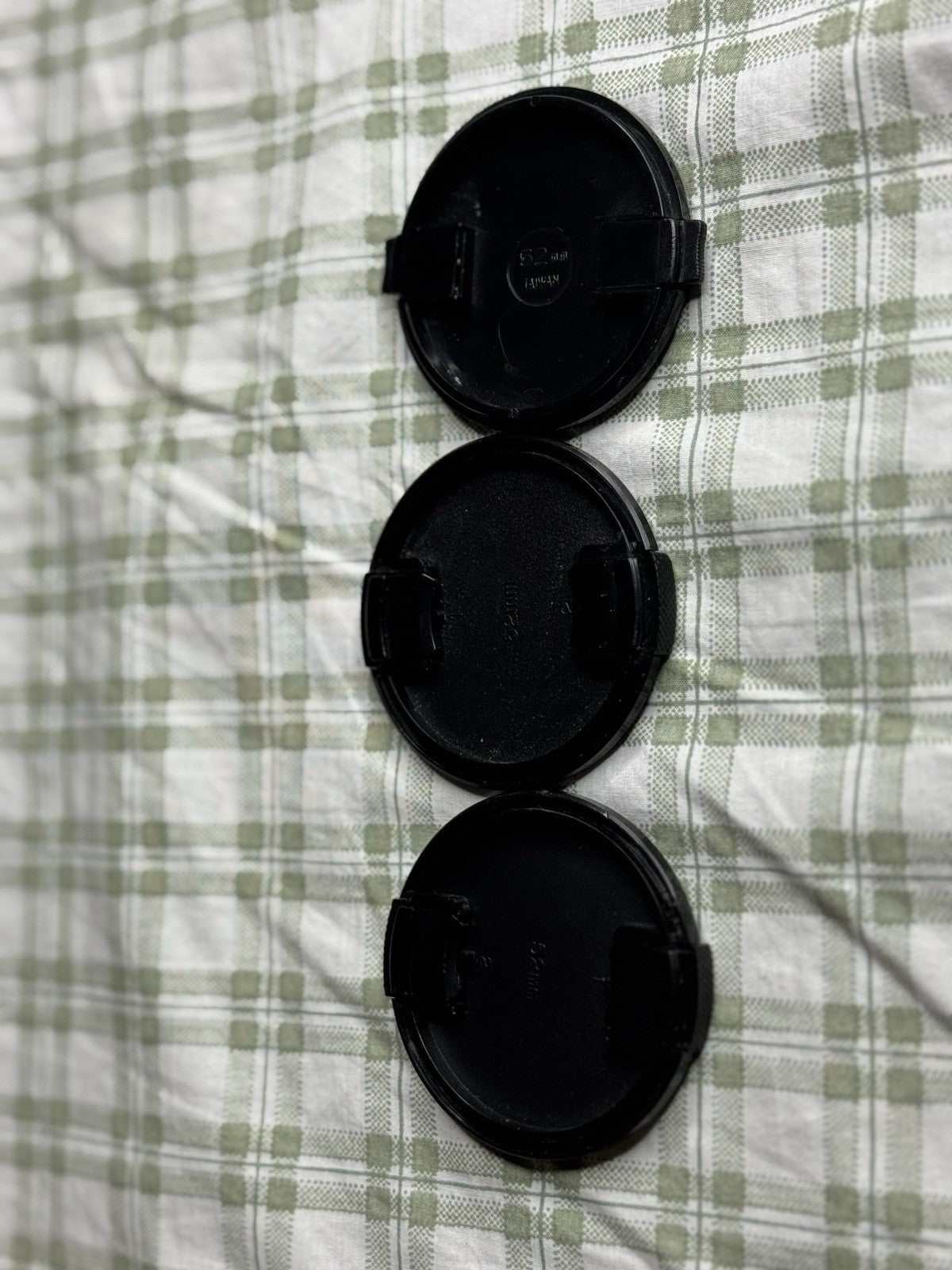 3 x 52mm Generic Front Lens Cap One Cap Is Made In Taiwan VGC Strong Plastic