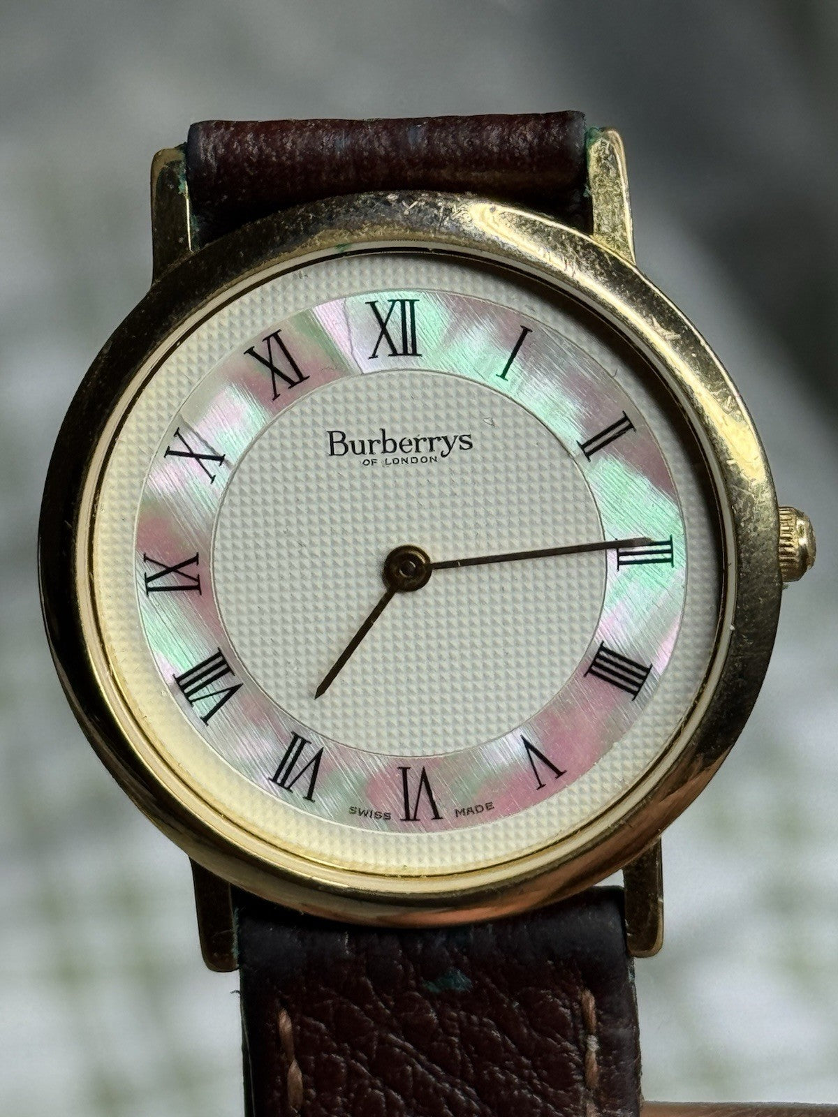 BURBERRYS 1980s 6000G Swiss Made GoldPlated Mother of Pearl Dial 34mm Mens Watch